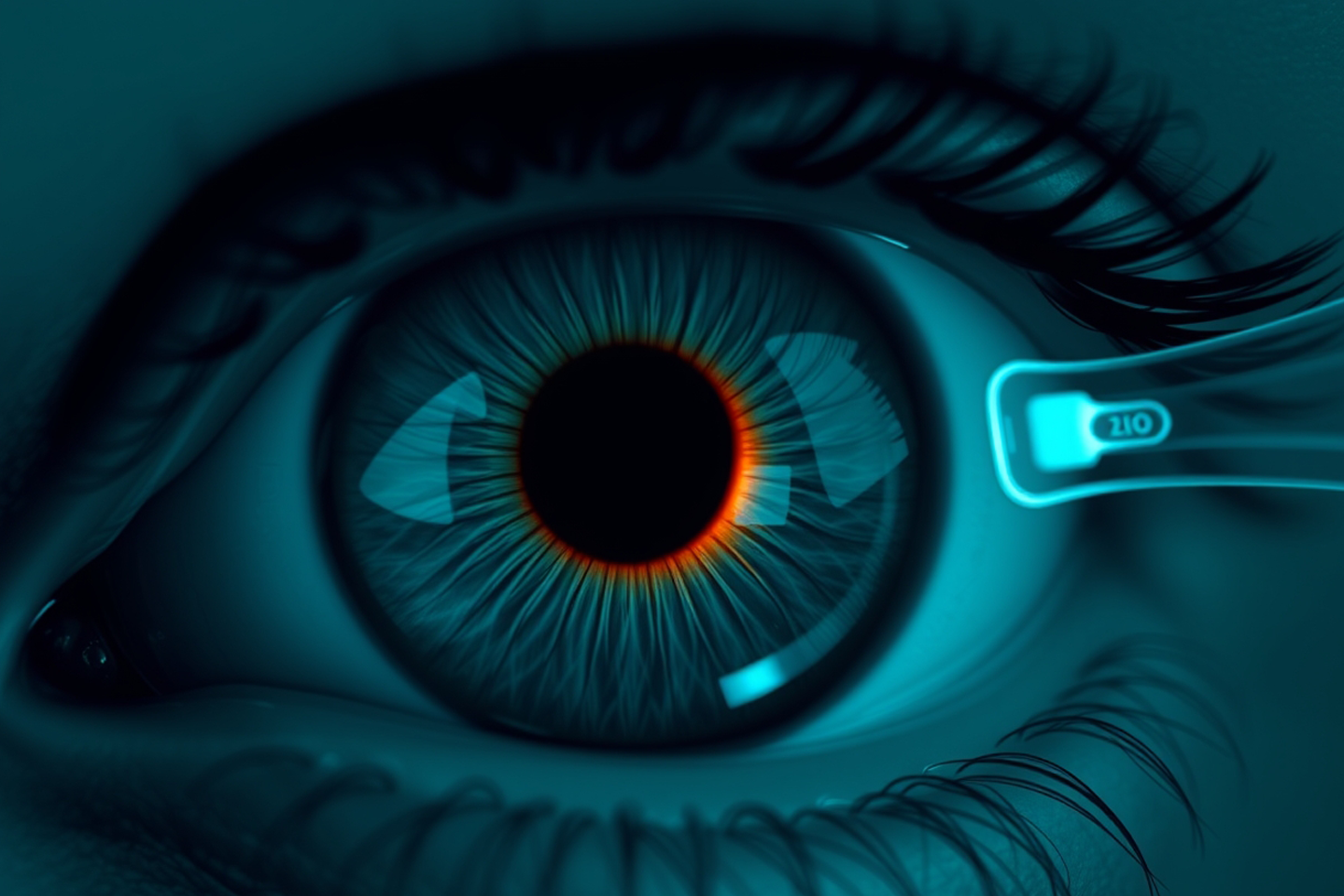 Ki-generiertes Bild von einem Macro-Foto eines Auges mit orangener Iris/eine Verlinkung des Bildes führt zur Forschungsprojektwebsite