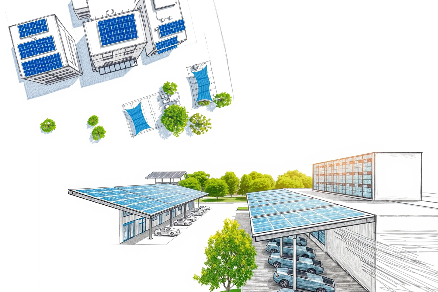 Skizze mit Photovoltaik-Panels als Schattendächer über Parkplätzen, grüne Bäume im Hintergrund, mit Bild-KI generiert/bei Verlinkung führt Link zur Projektwebsite