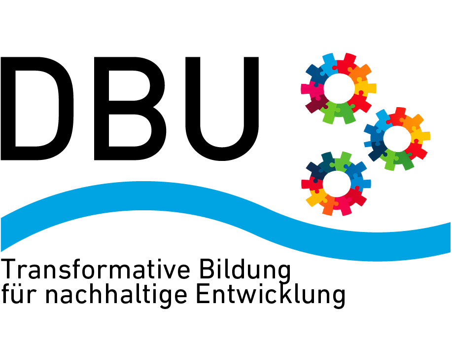 Logo DBU mit Schriftzug, blauer Wellenlinie und bunten Zahnrädern