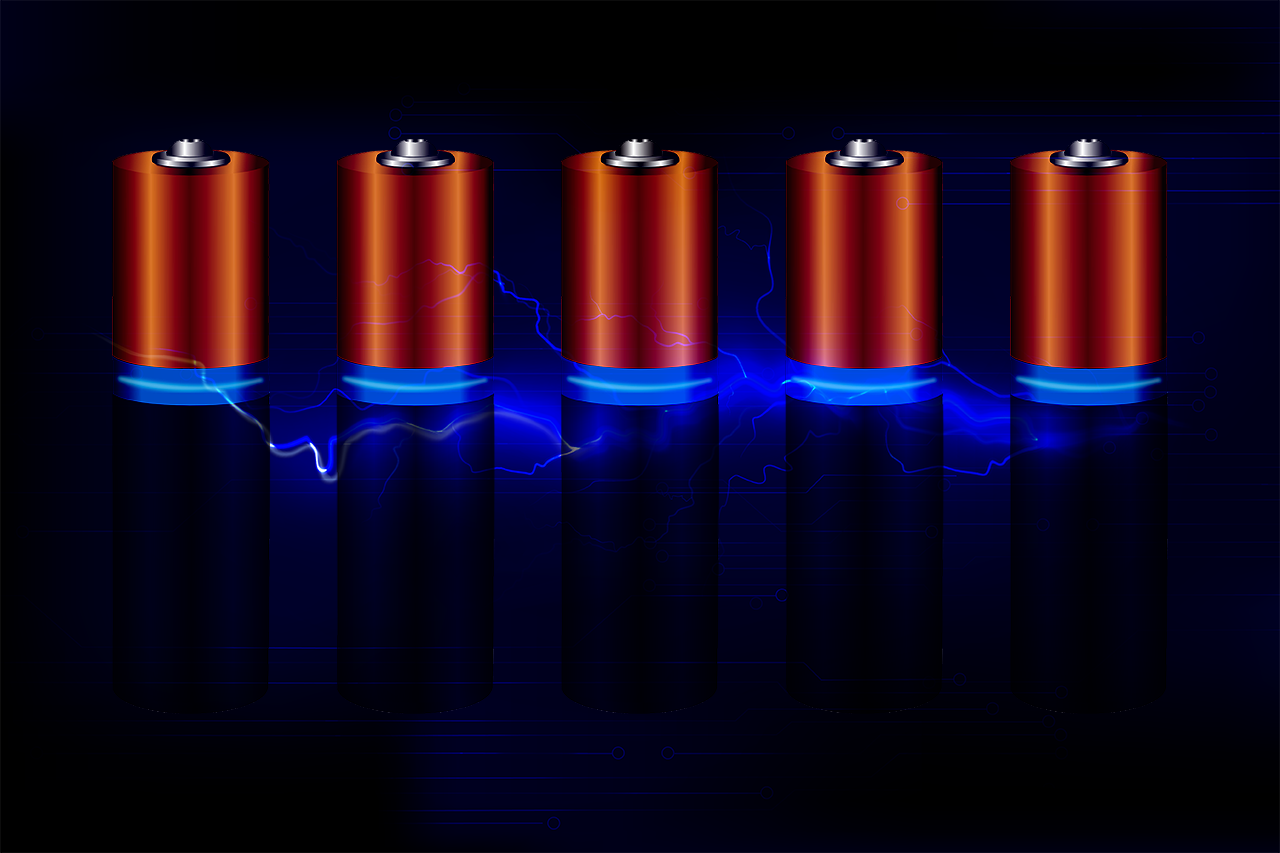 Batterien, dunkler Hintergrund, blaue Blitze hinter den Batterien/Verlinkung führt zur Projektwebsite
