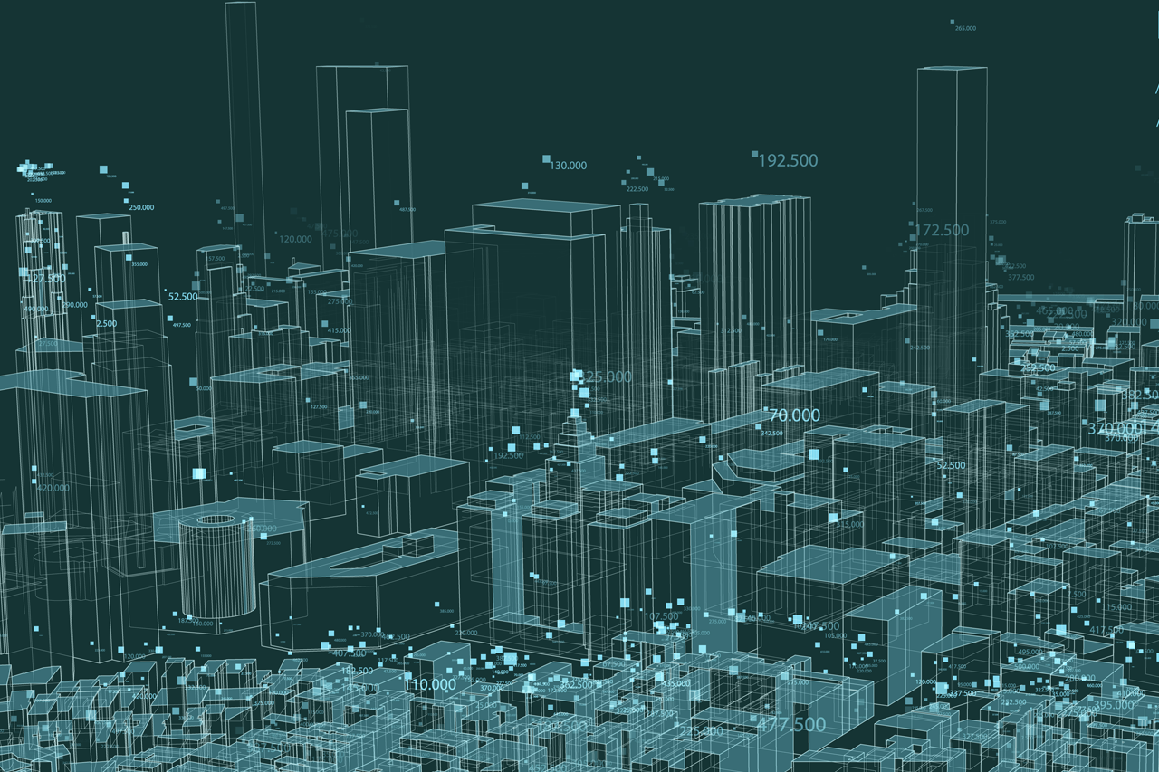 Big data als helle Linien, dunkler Hintergrund, im Vordergrund eine Skizze einer Großstadt mit Hochhäusern/Verlinkung führt zur Projektwebsite