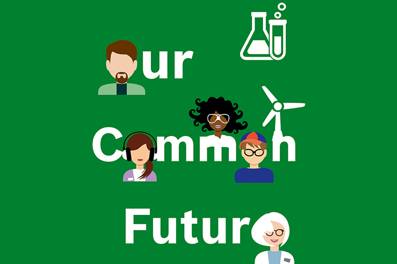 Logo Our Common Future, grüner Hintergrund, Comiczeichnungen von Personen/Verlinkung führt zur Projektwebsite