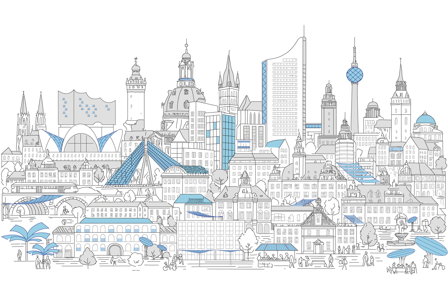 skizzenhafte Darstellung einer großen Stadt mit Türmen und bekannten Leipziger Gebäuden