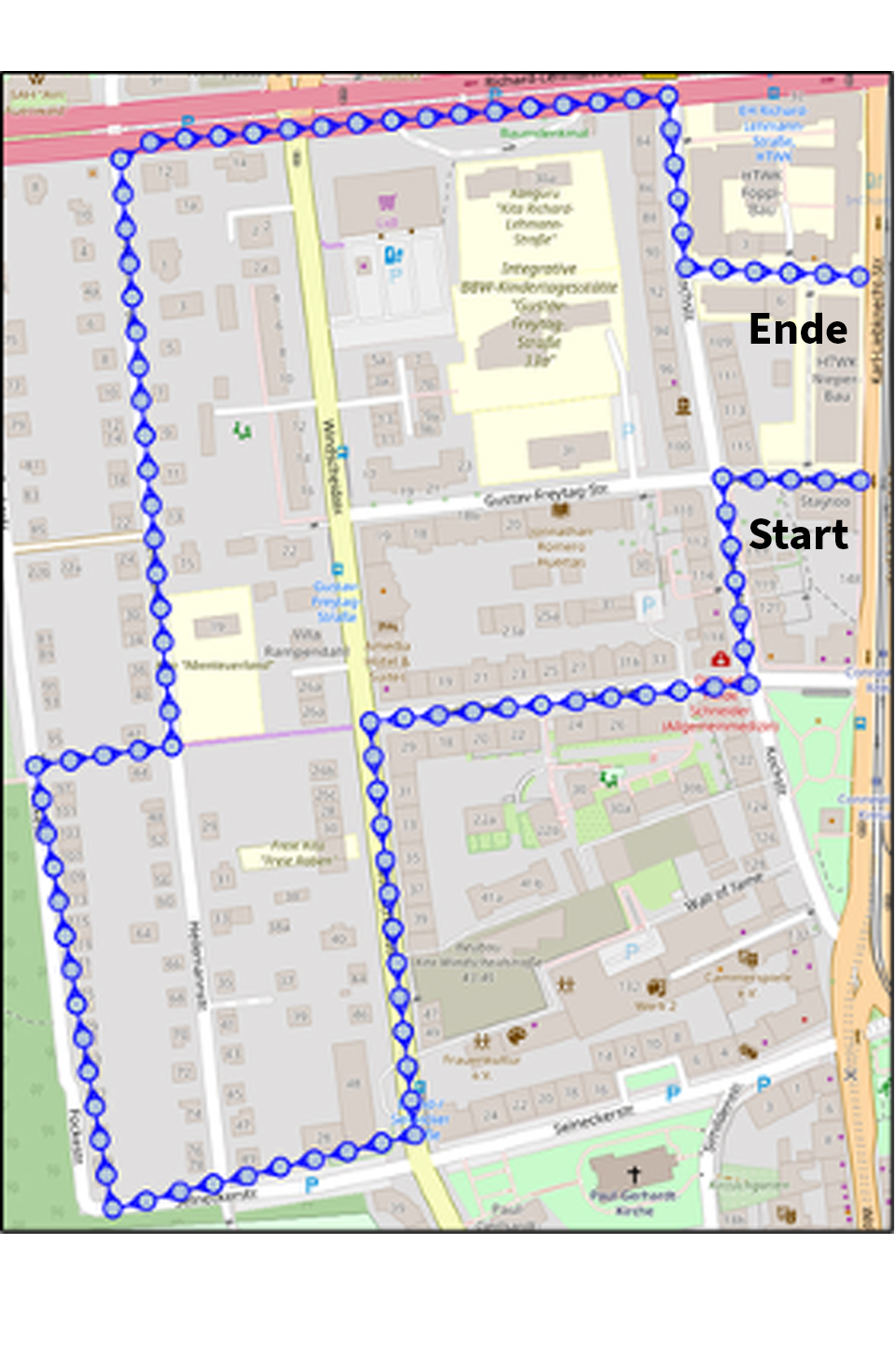 Kartenansicht und mit blauen Punkten eingezeichnete Route