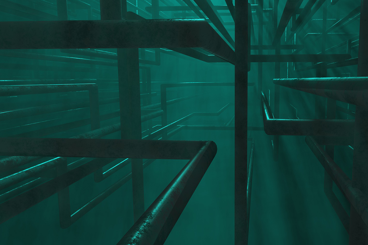 Röhren in einem dunkelgrünen, nebligen Raum/Verlinkung führt zur Projektwebsite