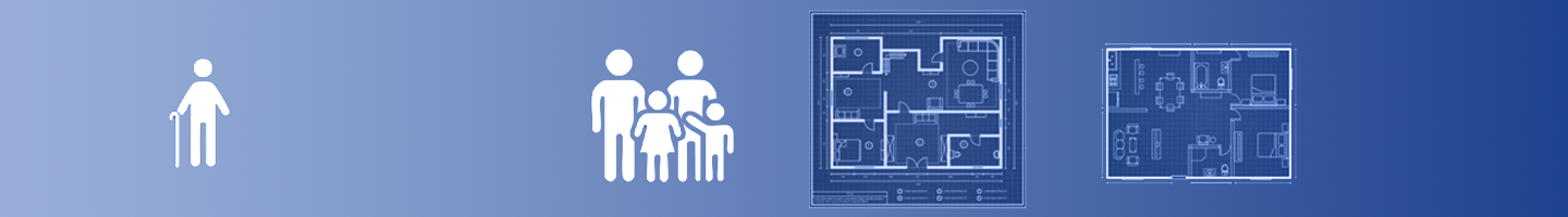 Grafik mit blauem Hintergrund und zwei verschieden großen Wohnungsgrundrissen, links einfache Zeichnung von einer älteren Person und einer Familie mit zwei Kindern - Darstellung des Konzeptes Wohnungstausch