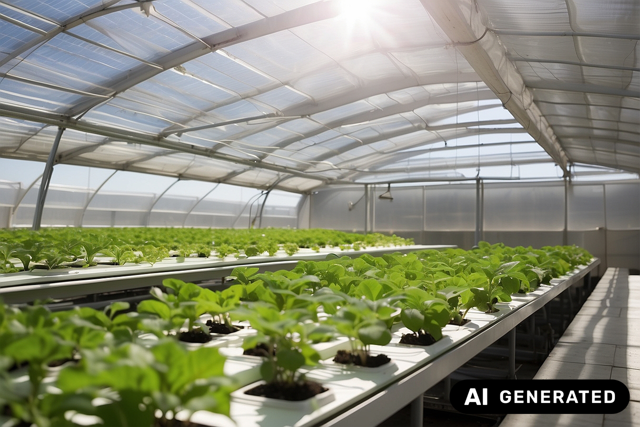 Hydroponische Farm im Gewächshaus/KI-generiertes Bild/eine Verlinkung des Bildes führt zur Forschungsprojektwebsite