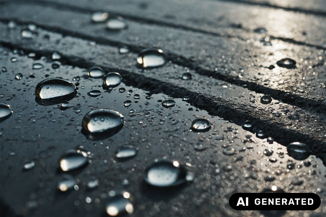 metallisch glänzende dunkle Oberfläche mit Wassertropfen, Sonne reflektiert/eine Verlinkung des Bildes führt zur Forschungsprojektwebsite