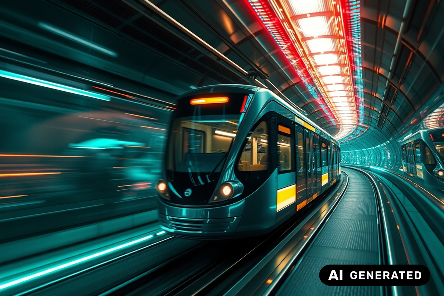 KI-generiertes Bild einer Straßenbahn bei Nacht, verzerrte Lichter, Bahn fährt schnell/eine Verlinkung des Bildes führt zur Forschungsprojektwebsite