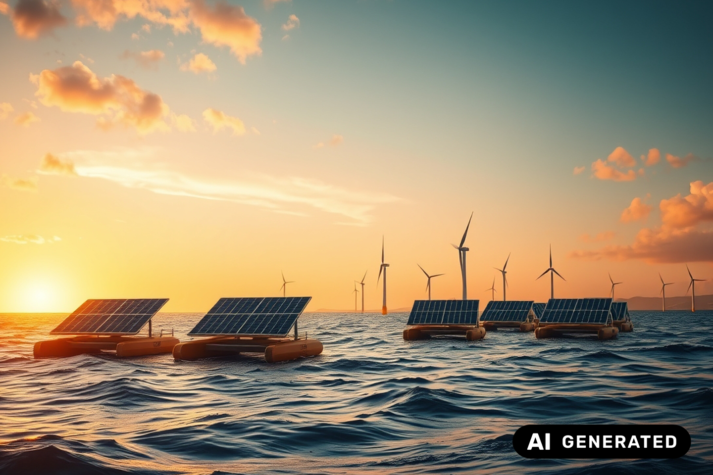 Ki-generiertes Bild, schwimmende Photovoltaik-Panels auf dem Wasser, im Hintergrund Windräder und ein Sonnenuntergang/eine Verlinkung des Bildes führt zur Forschungsprojektwebsite