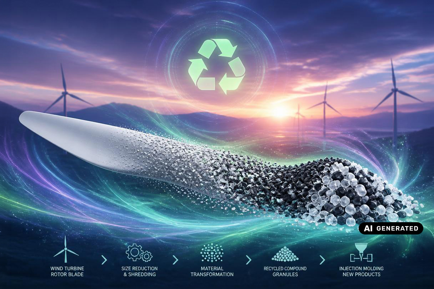 KI-genriertes Bild mit Rotorblatt von Windkraftanlagen, Darstellung des Recyclingprozesse hin zu Compounds für das Spritzgussverfahren