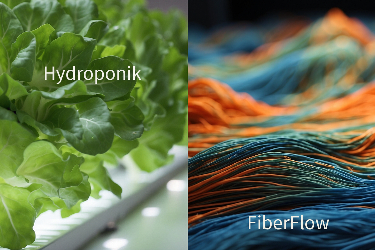 linkes Foto Hydroponik-Pflanze, rechtes Foto Textilien