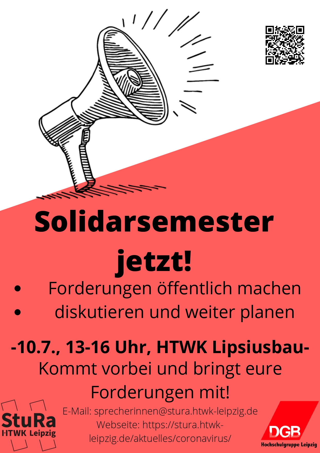 Ein Aufruf zu unserer Aktion "Solidarsemester jetzt!", welche am 10.07.2020 von 13.00 - 16.00 Uhr vor der HTWK Leipzig stattfinden wird. Ein Aufruf zu unserer Aktion "Solidarsemester jetzt!", welche am 10.07.2020 von 13.00 - 16.00 Uhr vor der HTWK Leipzig stattfinden wird.